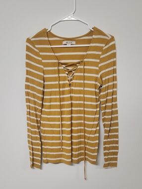 Adam Levine Collection Mustard and White Striped Lace-Up Long Sleeve Tee